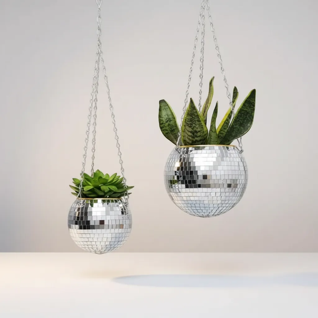 Disco Ball Hanging Planter Mirror Reflection Boho Chic Flower Pot Indoor Decor | IREN Interior-IREN Interior