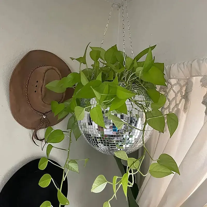 Disco Ball Hanging Planter Mirror Reflection Boho Chic Flower Pot Indoor Decor | IREN Interior-IREN Interior