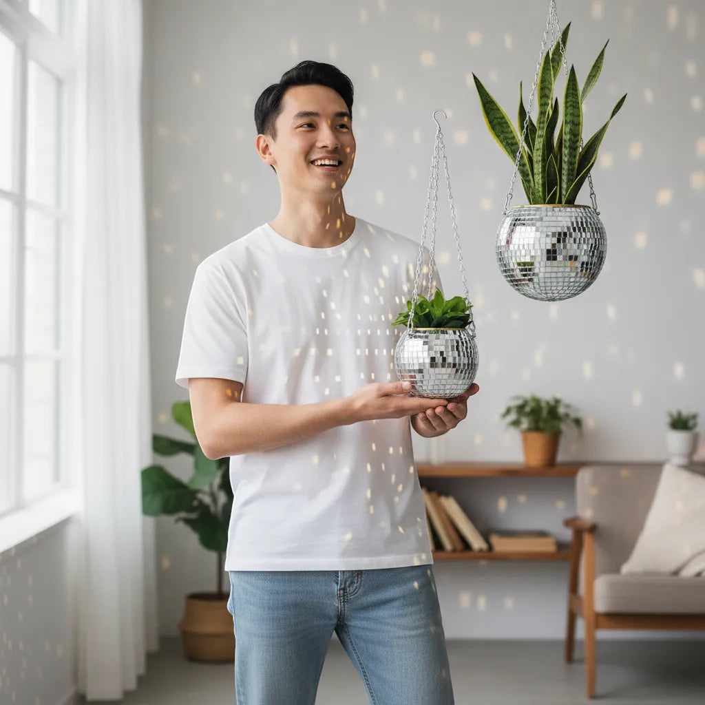 Disco Ball Hanging Planter Mirror Reflection Boho Chic Flower Pot Indoor Decor | IREN Interior-IREN Interior