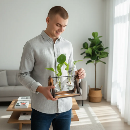 Glass and Wood Vase Planter Desktop Hydroponic Propagation Station | IREN Interior-IREN Interior