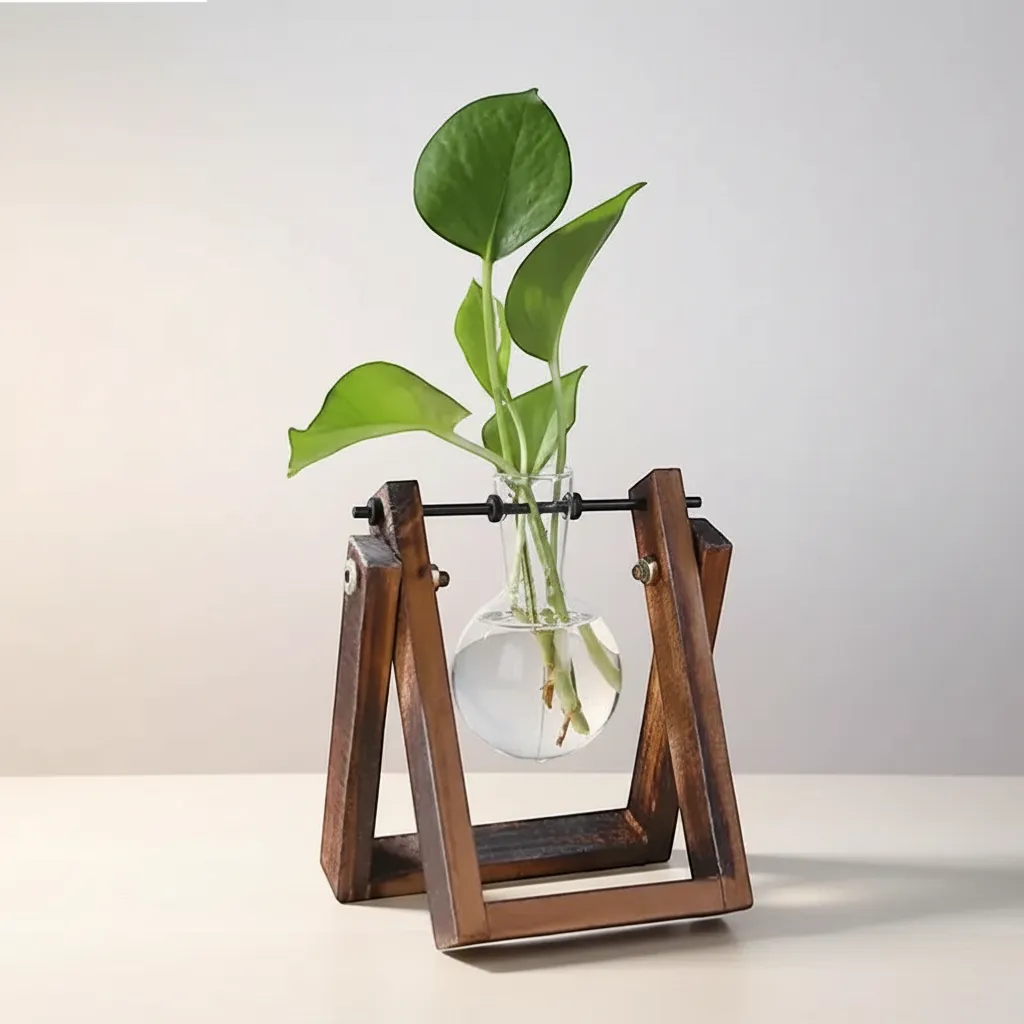 Glass and Wood Vase Planter Desktop Hydroponic Propagation Station | IREN Interior-IREN Interior