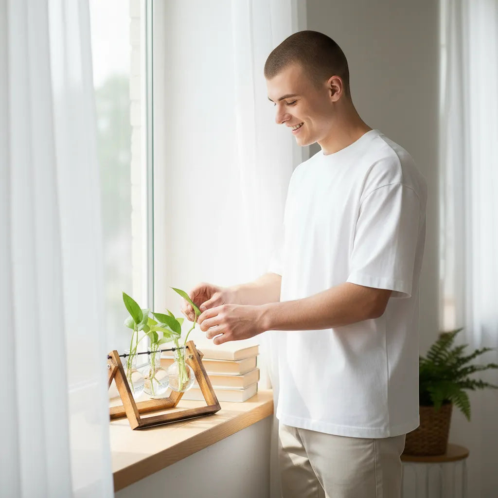 Glass and Wood Vase Planter Desktop Hydroponic Propagation Station | IREN Interior-IREN Interior