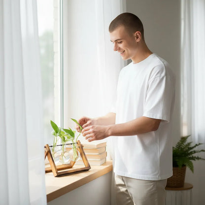 Glass and Wood Vase Planter Desktop Hydroponic Propagation Station | IREN Interior-IREN Interior