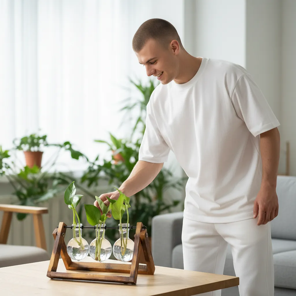 Glass and Wood Vase Planter Desktop Hydroponic Propagation Station | IREN Interior-IREN Interior