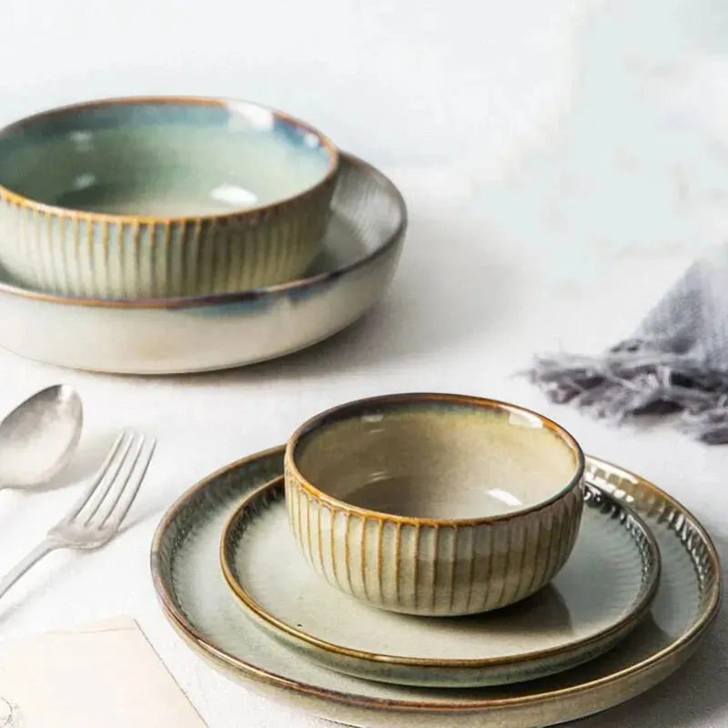 Japanese Ceramic Dinnerware Set Wabi-Sabi Stoneware Plates and Rice Bowls | IREN Interior-IREN Interior