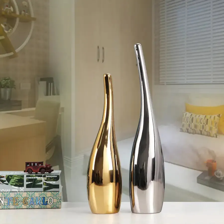 Luxury Nordic Gold Plating Ceramic Vase Set Modern Curved Bottle Decor | IREN Interior-IREN Interior