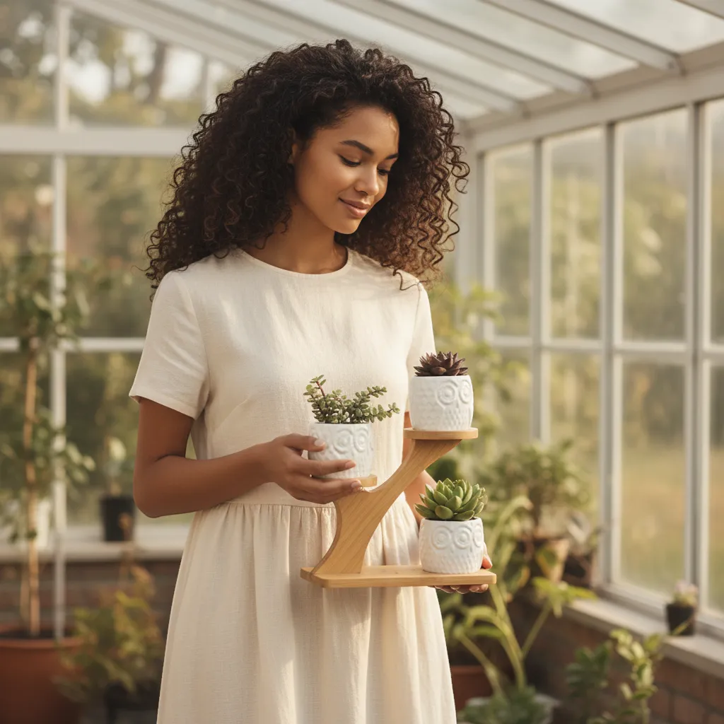 Tiered Bamboo Succulent Shelf with Ceramic Pots Indoor Desktop Planter Set | IREN Interior-IREN Interior