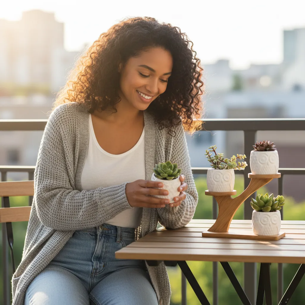 Tiered Bamboo Succulent Shelf with Ceramic Pots Indoor Desktop Planter Set | IREN Interior-IREN Interior