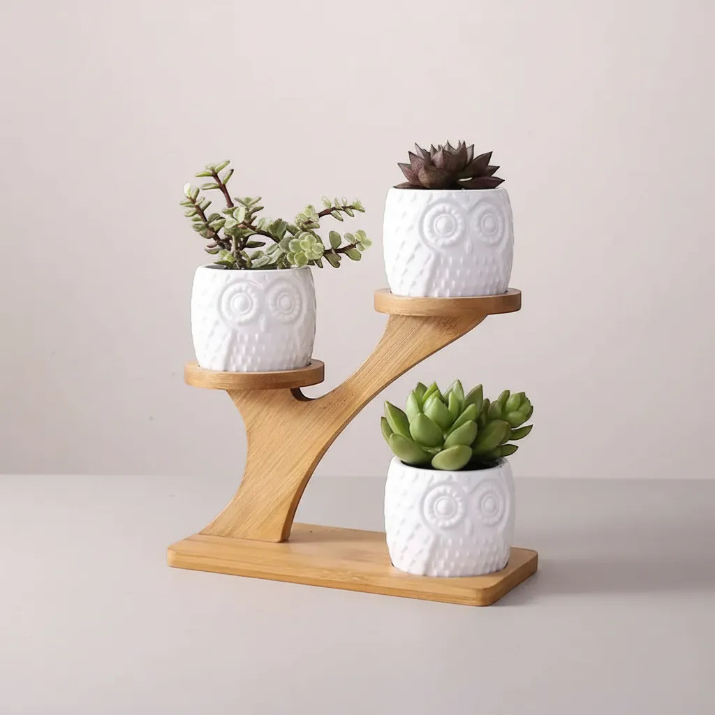 Tiered Bamboo Succulent Shelf with Ceramic Pots Indoor Desktop Planter Set | IREN Interior-IREN Interior