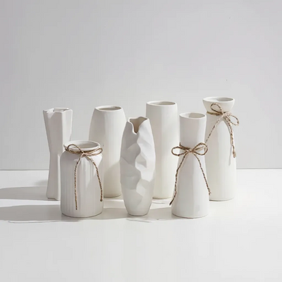 White Ceramic Vase with Hemp Rope Detail Minimalist Japandi Home Decor | IREN Interior-IREN Interior